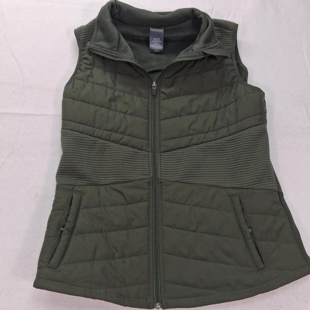 Tek Gear Vest Womens L Olive Green Quilted Ribbed Mixed Media EUC
